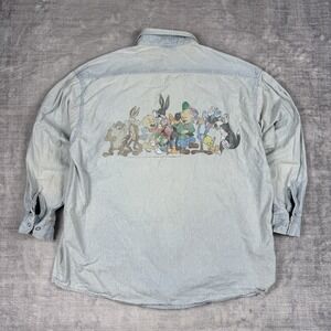 Vtg Looney Tunes Shirt Mens XL Blue Chambery Button Up 1991 Warner Bros Grunge